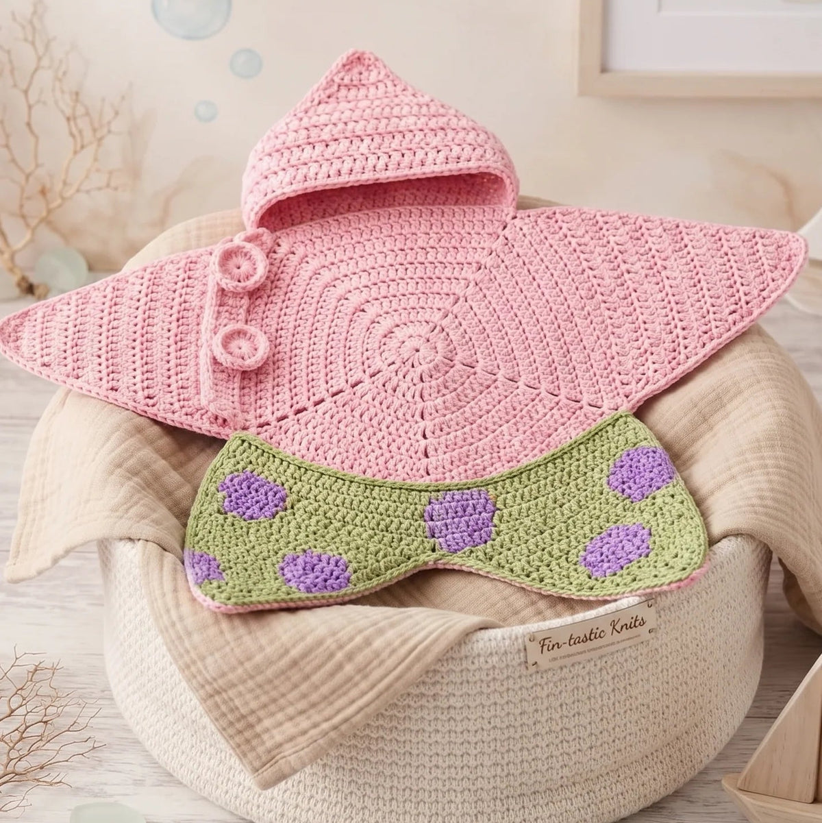 A pink crocheted hooded baby blanket with two buttons is layered over a green crocheted bib with purple polka dots, styled in a woven basket with beige fabric and soft decorative props.